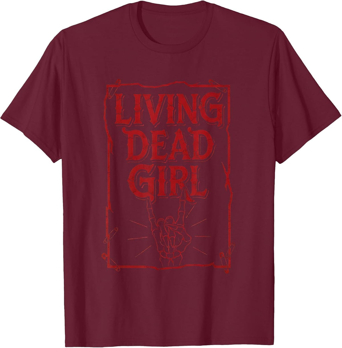 Living Dead Girl Vintage Retro Rock N Roll Zombie Design T-Shirt - Burgundy