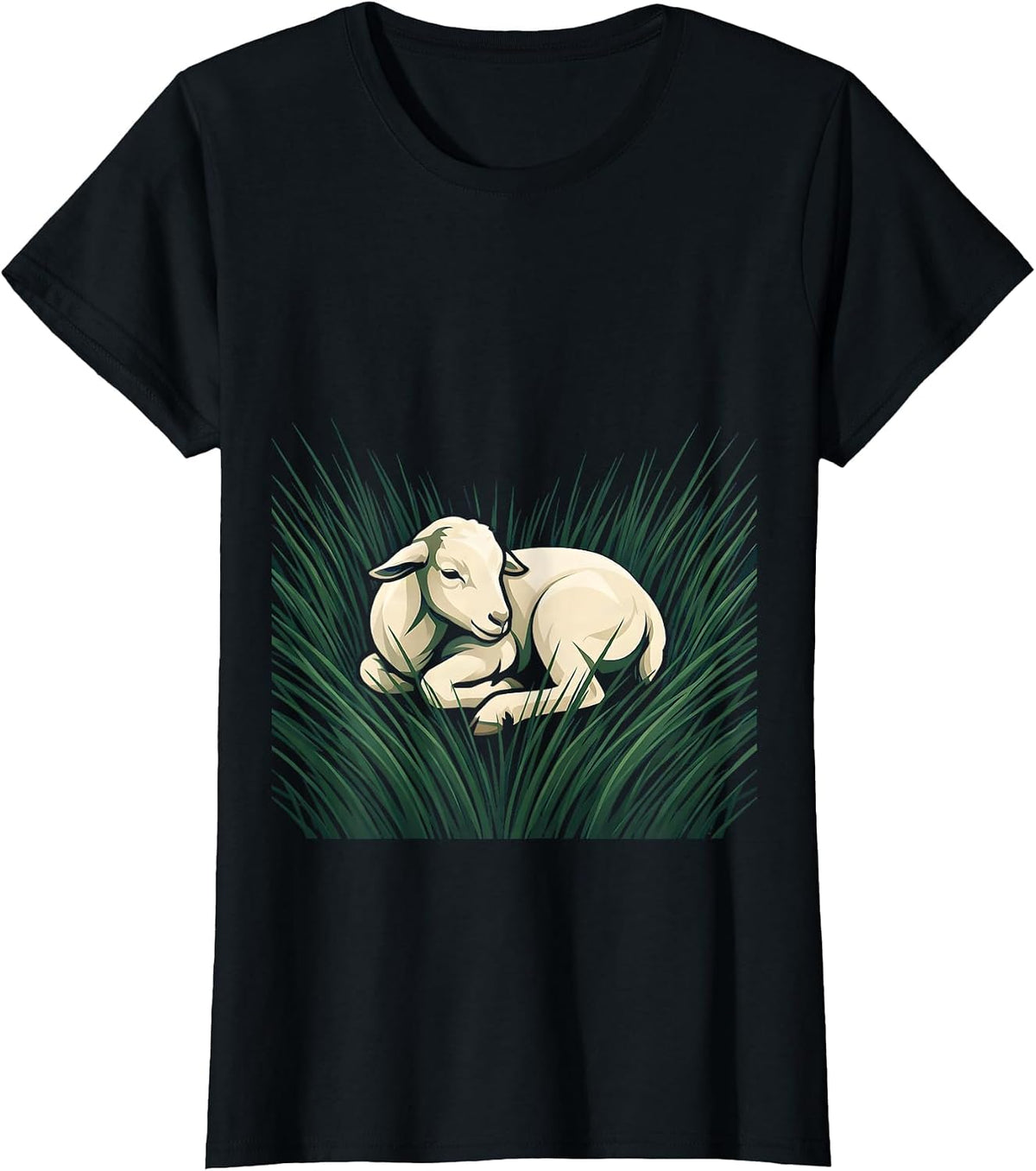 Women's Baby Goat Curled Up In Grass Illustration T-Shirt - Black