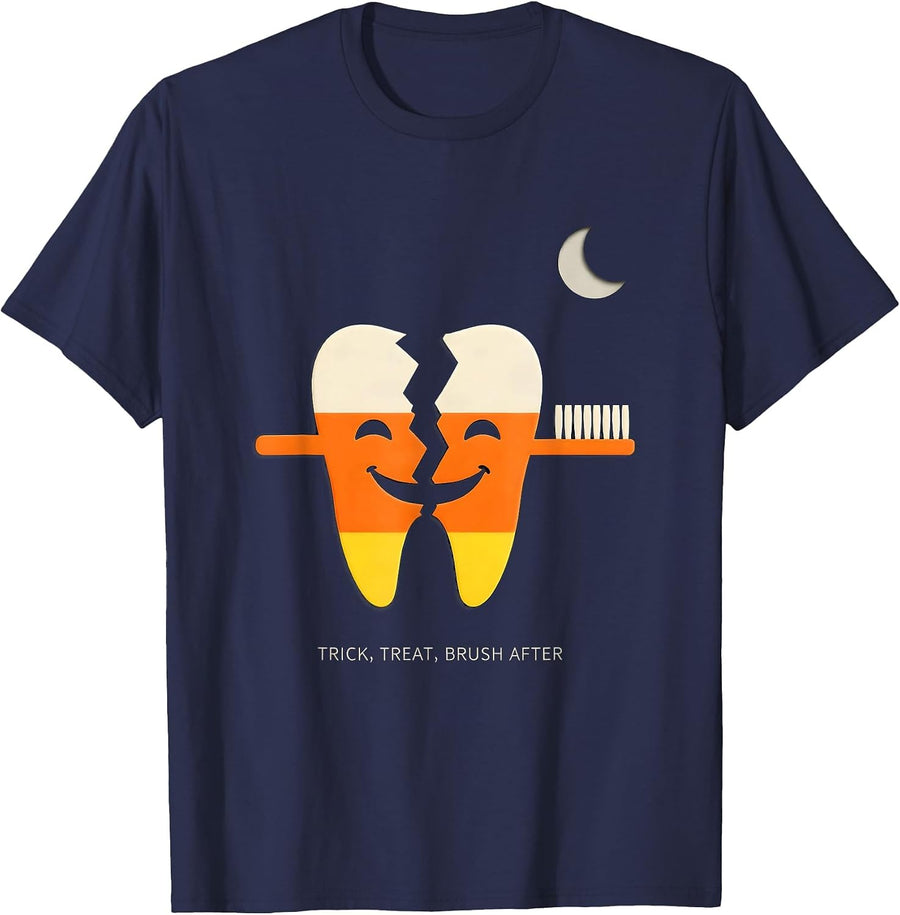 Trick Treat Brush After Minimalist Halloween Dentist Dental T-Shirt - Navy Blue
