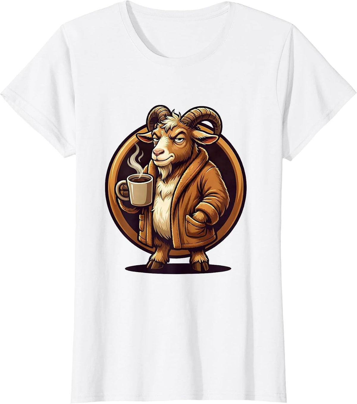 Women's Goat in Bathrobe Morning Coffee Funny Illustration T-Shirt - White