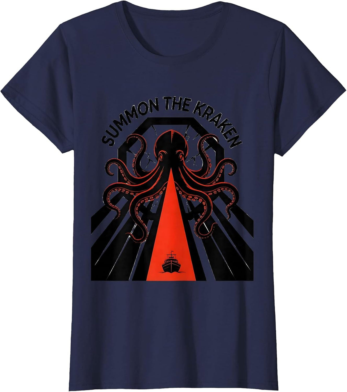 Women's Summon The Kraken Constructivist Poster Octopus Lover T-Shirt - Navy Blue
