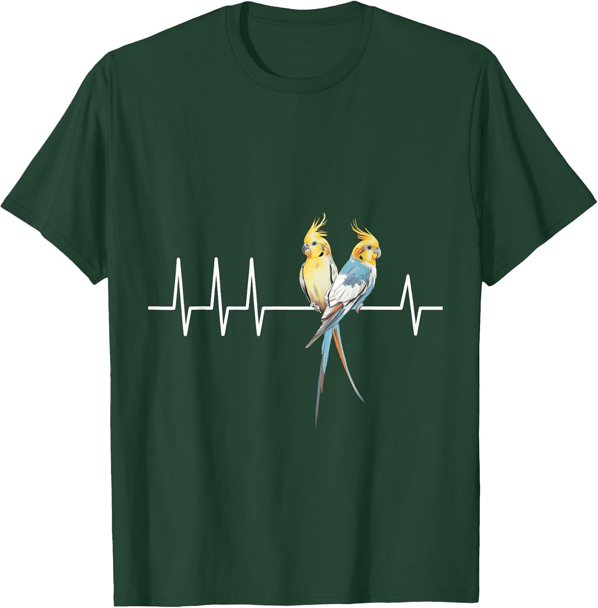 Cockatiel Birds on Heartbeat Line Vibrant Parrot Art Print T-Shirt - Dark Green