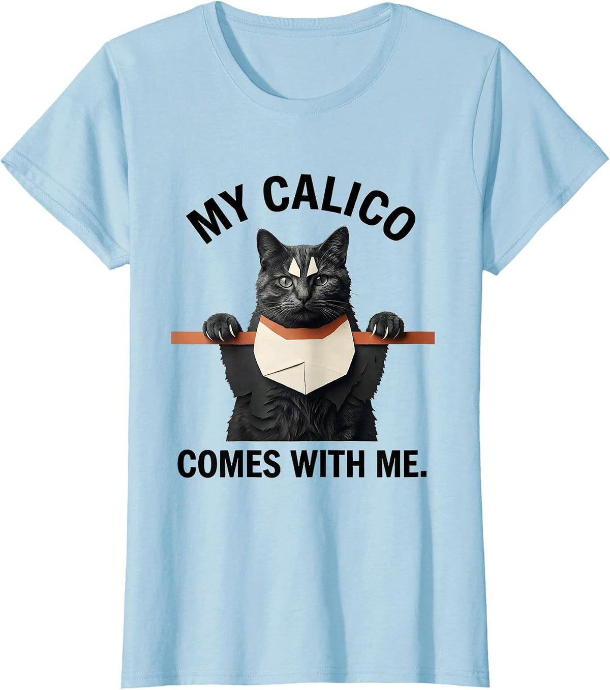 My Calico Comes With Me Cute Cat Lover Pet Pocket Novelty T-Shirt - Baby Blue
