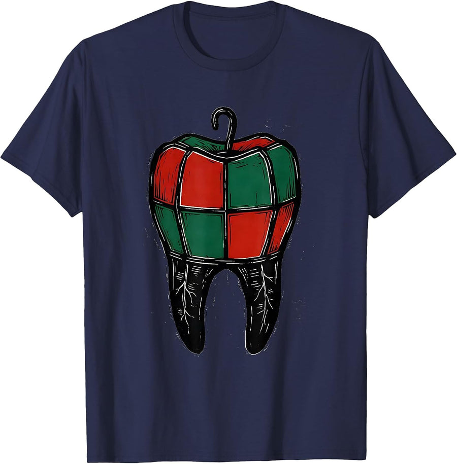 Twin Root Molar Christmas Lantern Linocut Dentist Humor T-Shirt - Navy Blue