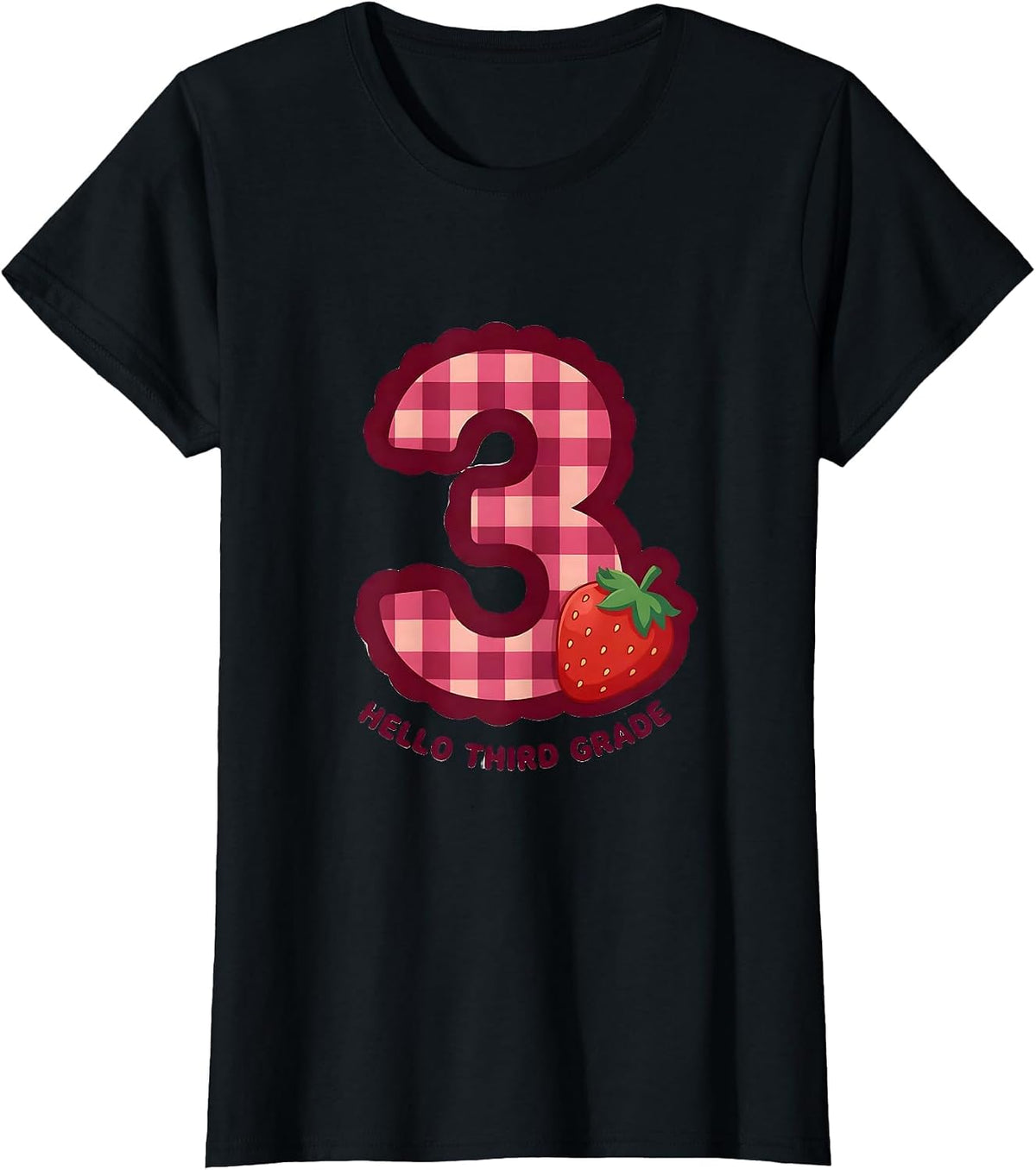 Women's Hello Third Grade Cute Gingham Picnic Teacher Student Back T-Shirt - Black