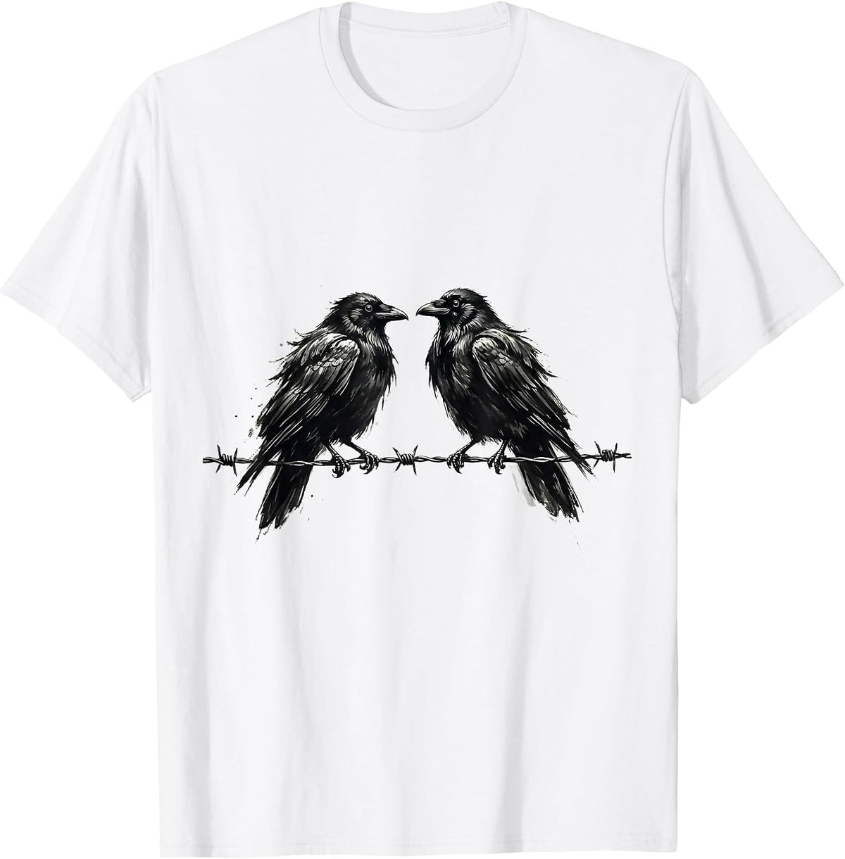 Men's Two Crows on Barbed Wire Illustration T-Shirt - White