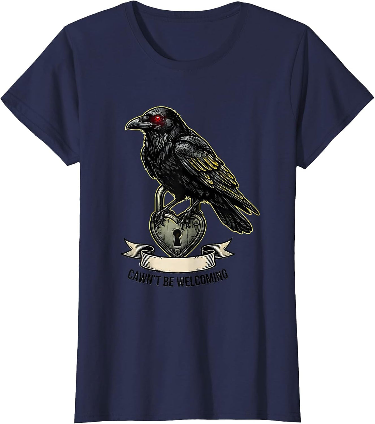 Women's Cawn't Be Welcoming Tattoo Gothic Crow Dark Humor T-Shirt - Navy Blue