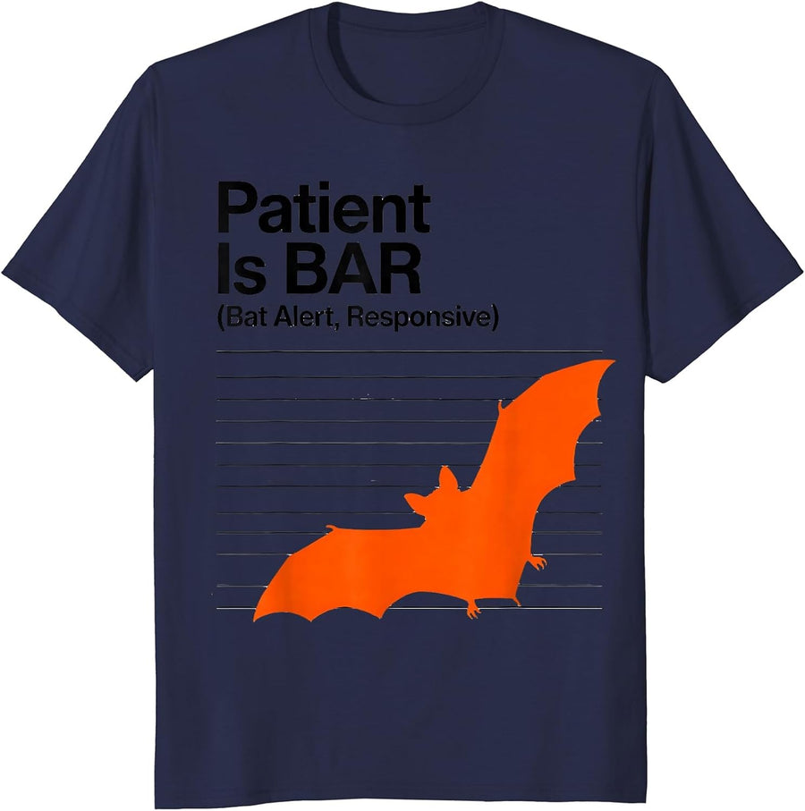 Patient Is BAR Bat Alert Responsive Funny Vet Tech Halloween T-Shirt - Navy Blue