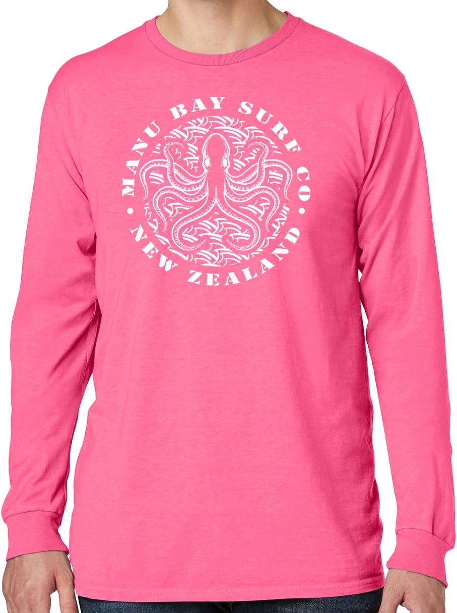 Mens Manu Bay Surf Company OCTOPUS Cotton Long Sleeve Pastel Tee Shirt - Neon Pink