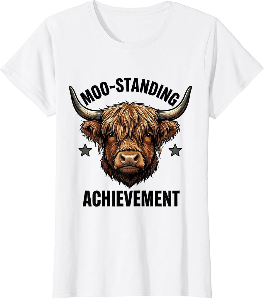 Women's Moo-standing Achievement Funny Highland Cow Animal Lover T-Shirt - White