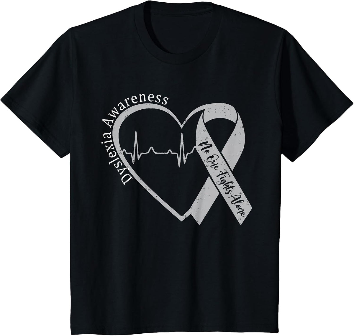 Dyslexia Awareness Heart Ribbon Silver Specialist Support T-Shirt - Black
