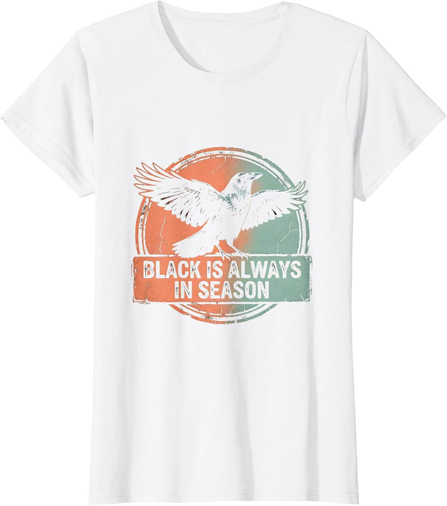 Women's Black Is Always In Season Crow Graphic Design T-Shirt - White