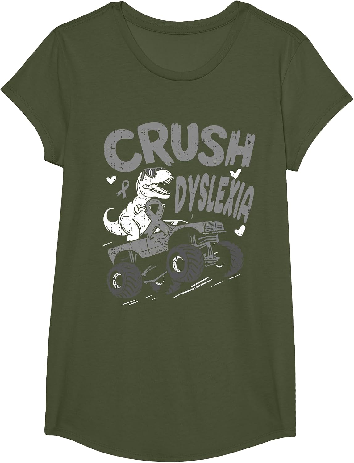 Crush Dyslexia Awareness Dino T Rex Ribbon Silver Boy Kids T-Shirt - Girls Olive Green