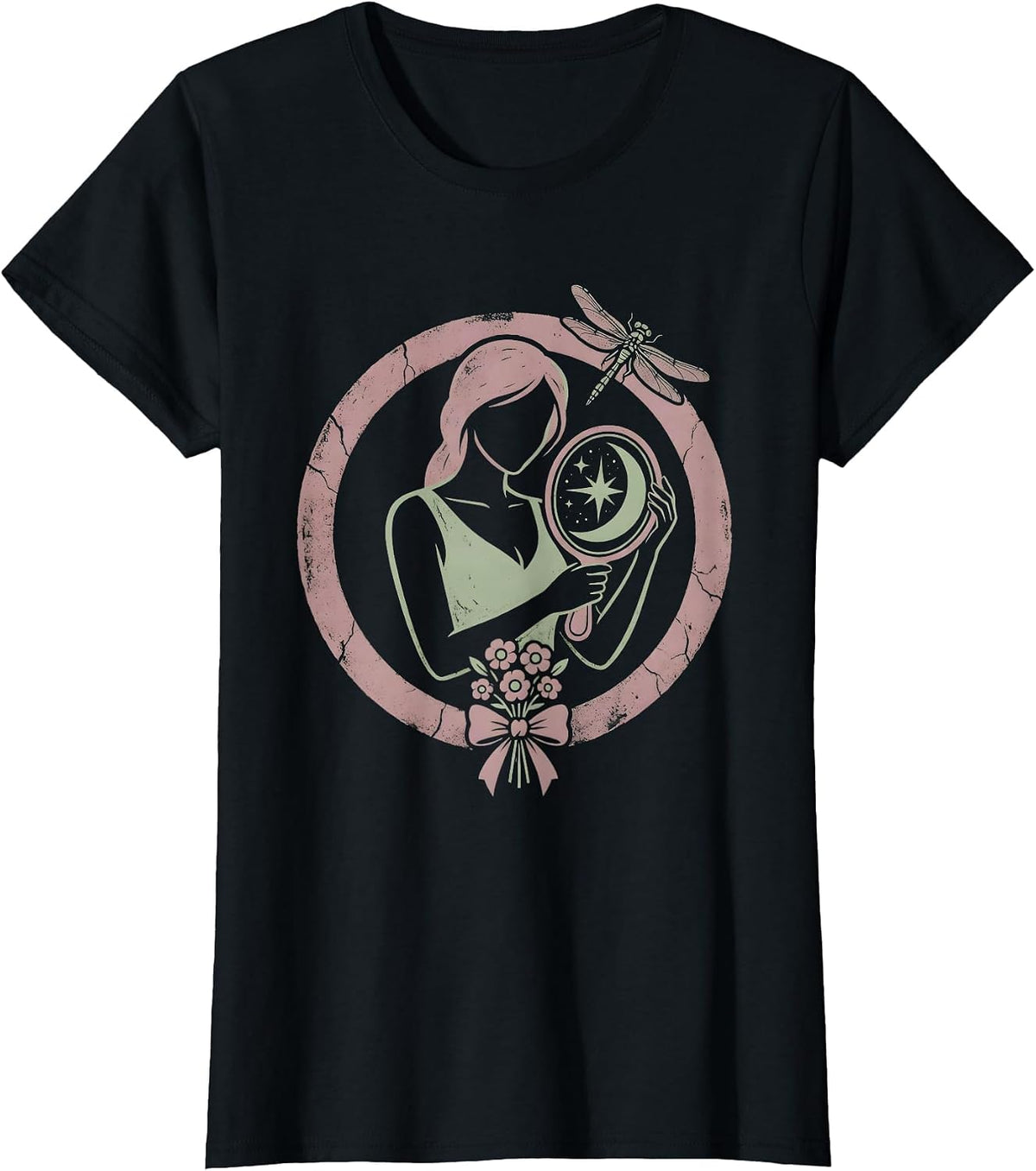 Women's Cosmic Reflection Galaxy Mirror Art Design T-Shirt - Black