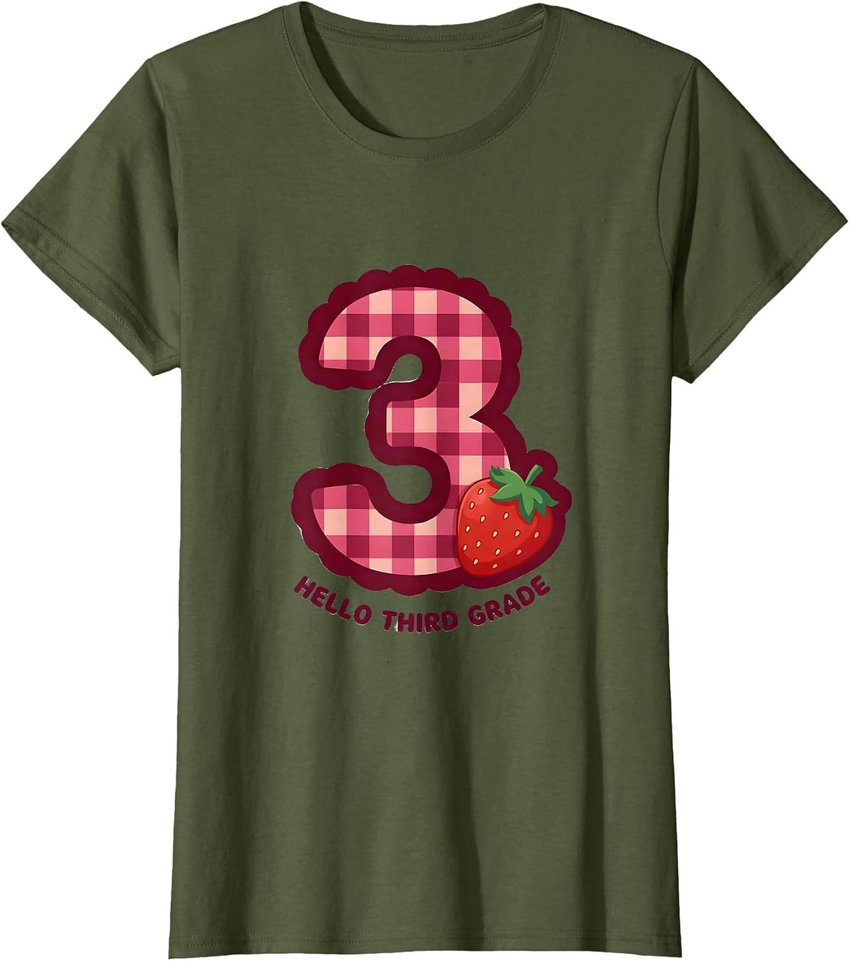 Women's Hello Third Grade Cute Gingham Picnic Teacher Student Back T-Shirt - Olive Green