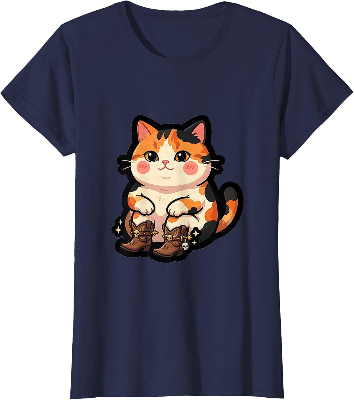 Women's Meowboys Calico Cat Cowboy Boots Spurs Porch T-Shirt - Navy Blue