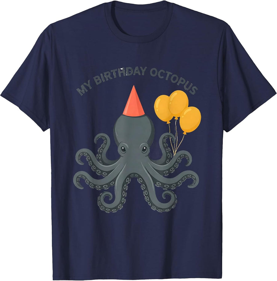 My Birthday Octopus Whimsical Animal Lover Birthday Party T-Shirt - Navy Blue