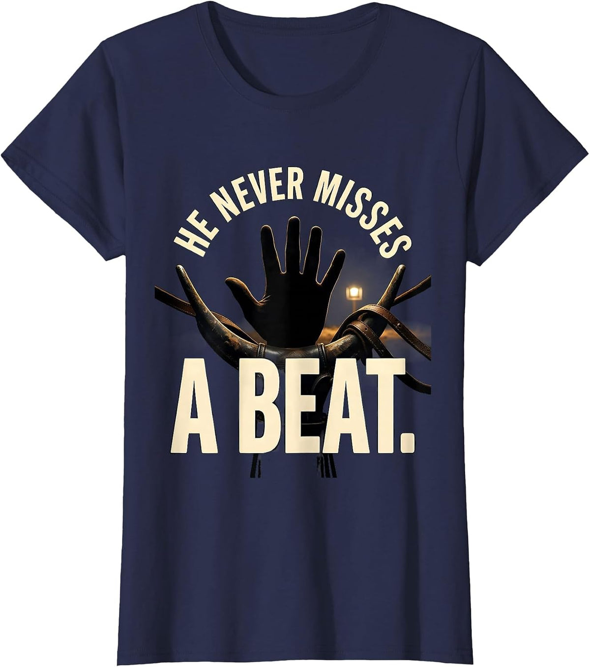 Women's He Never Misses A Beat Christian Horseback Rider Faith Humor T-Shirt - Navy Blue