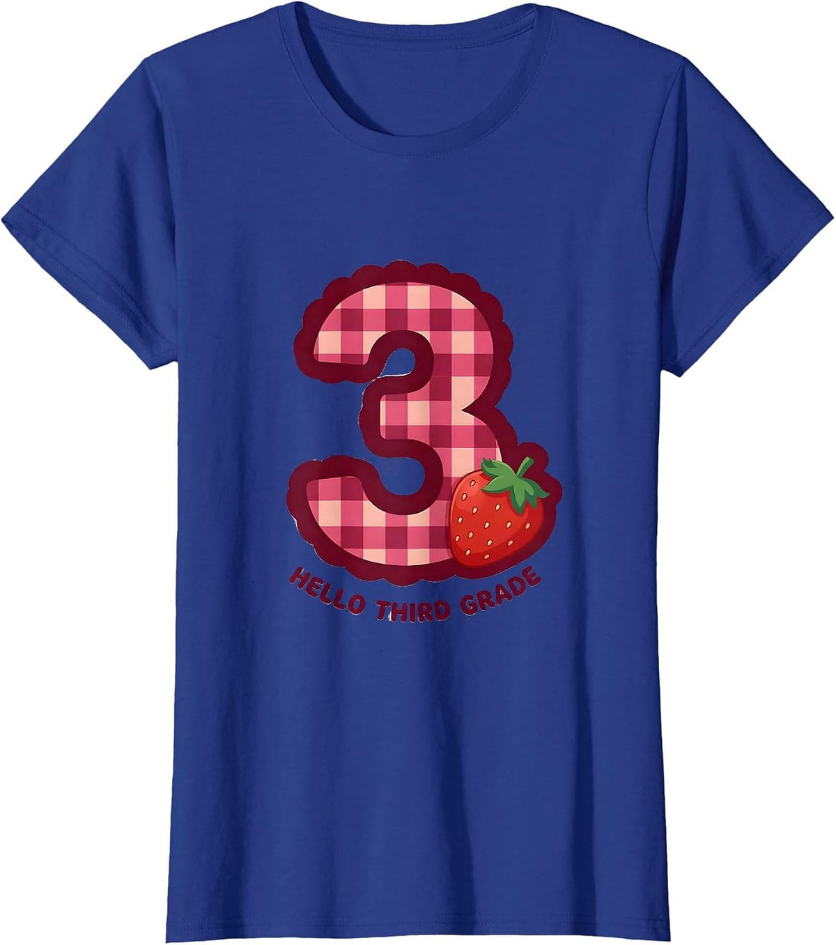 Women's Hello Third Grade Cute Gingham Picnic Teacher Student Back T-Shirt - Royal Blue