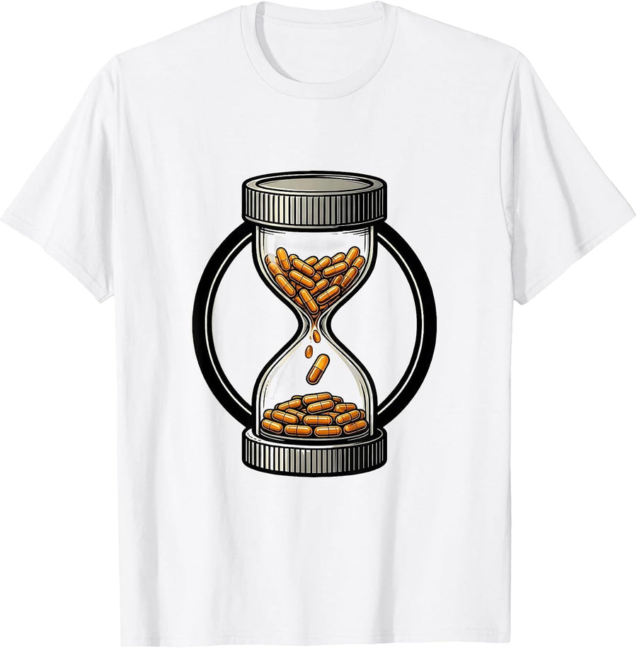 Men's Sealed Pharmacy Tech Badge Prescription Vial Hourglass T-Shirt - White