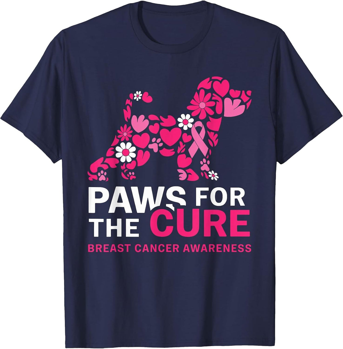 Paws for The Cure Pink Beagle Breast Cancer Awareness Month T-Shirt - Navy Blue