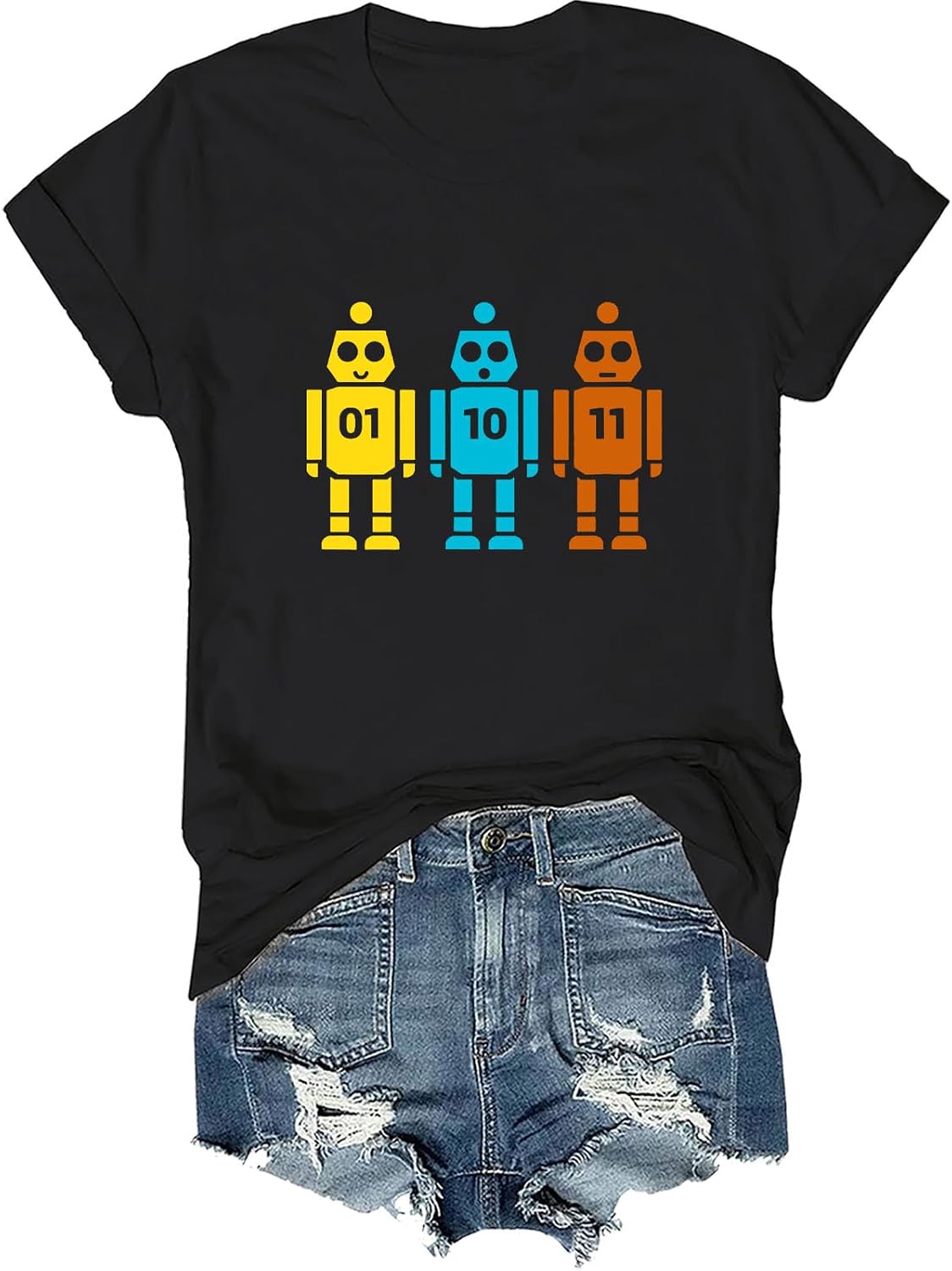 Binary Code Robot T-Shirt, 01 10 11 Coding Shirt Funny Programmer Geek Gift Tee for Men Women - Crewneck Black