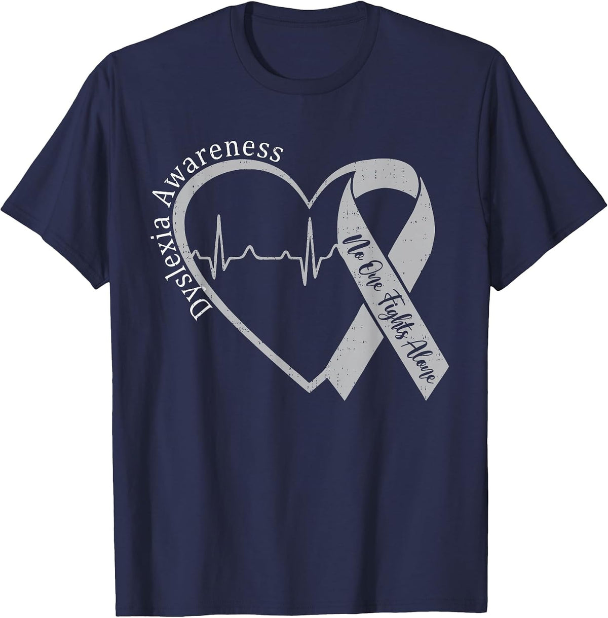 Dyslexia Awareness Heart Ribbon Silver Specialist Support T-Shirt - Navy Blue