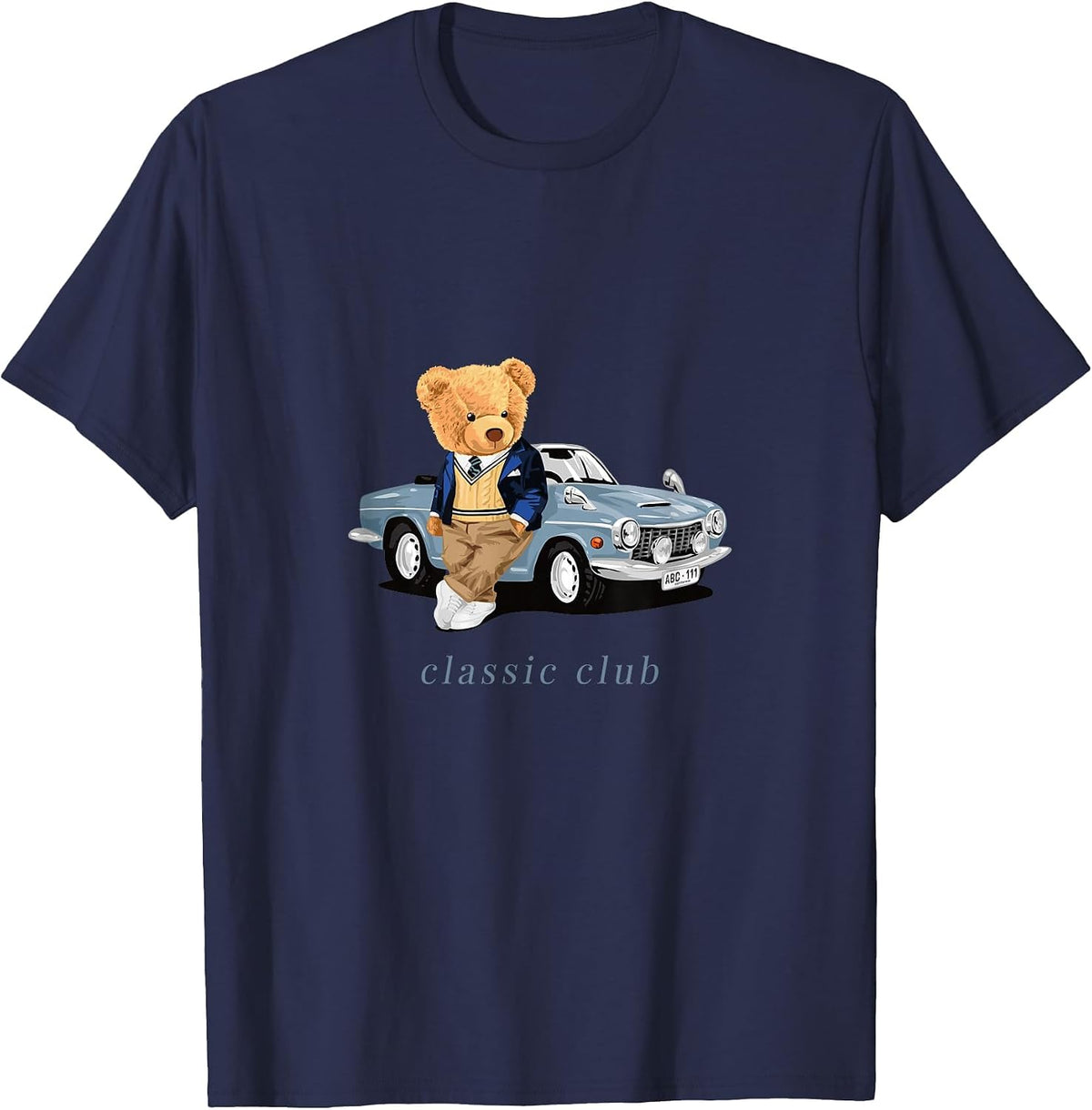 Enjoy Cool Teddy Bear with Classic Car Graphic Designs Fun T-Shirt - Navy Blue