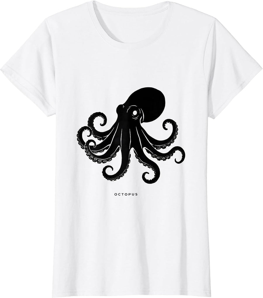 Women's Octopus Blackwork Dotwork Minimalist Badge Patch Line Art T-Shirt - White