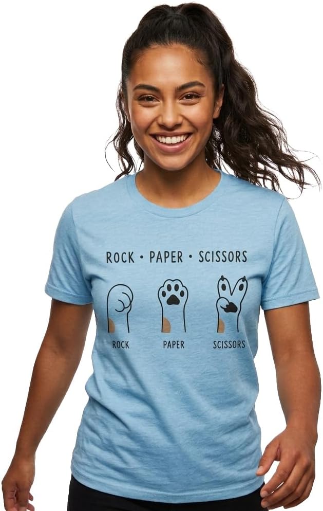 Pawrez Funny Cat T-Shirt for Women - Rock Paper Scissors Cat Paws Graphic Tee - Cute Minimalist Cat Lover Gift - Sky