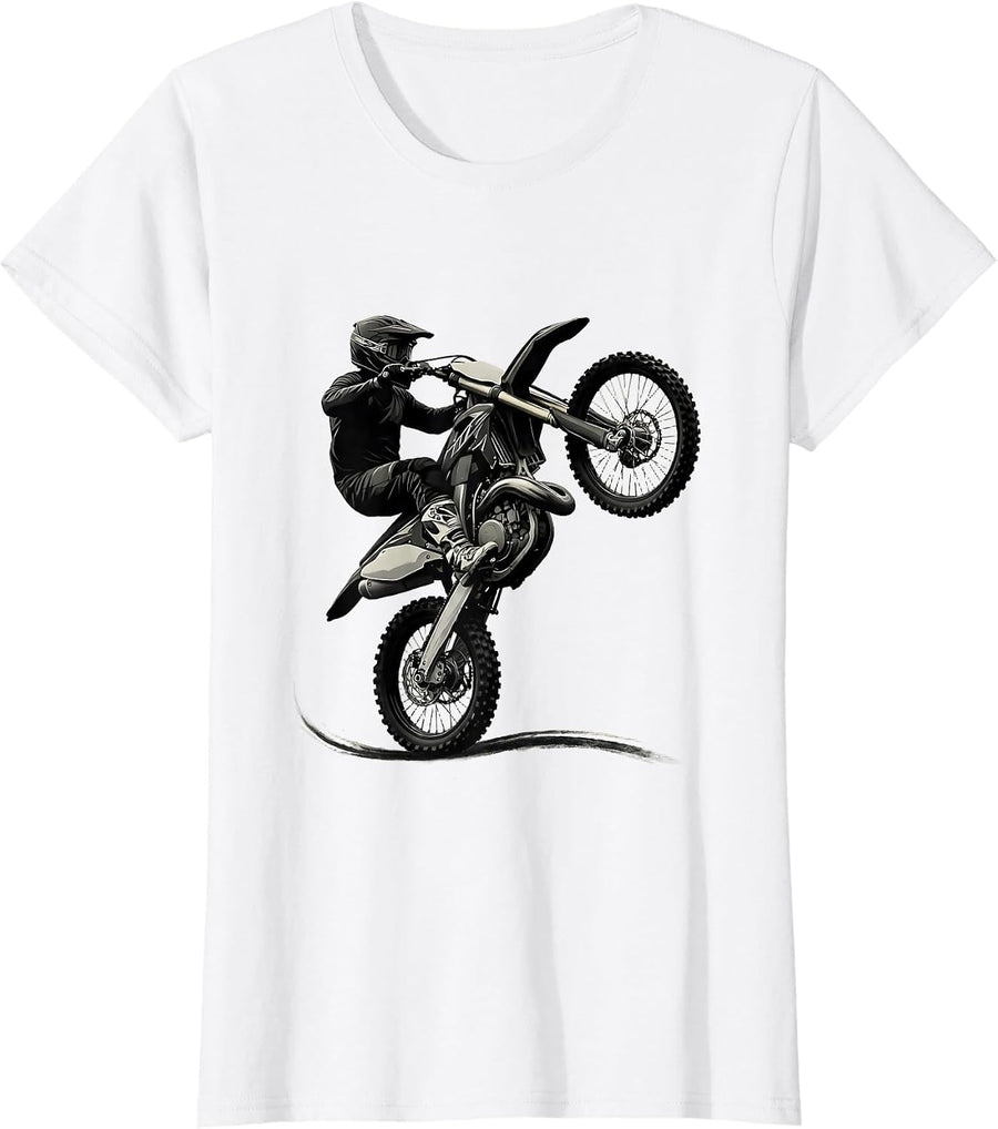 Women's Motocross Wheelie Biker Silhouette Dirt Bike Rider T-Shirt - White