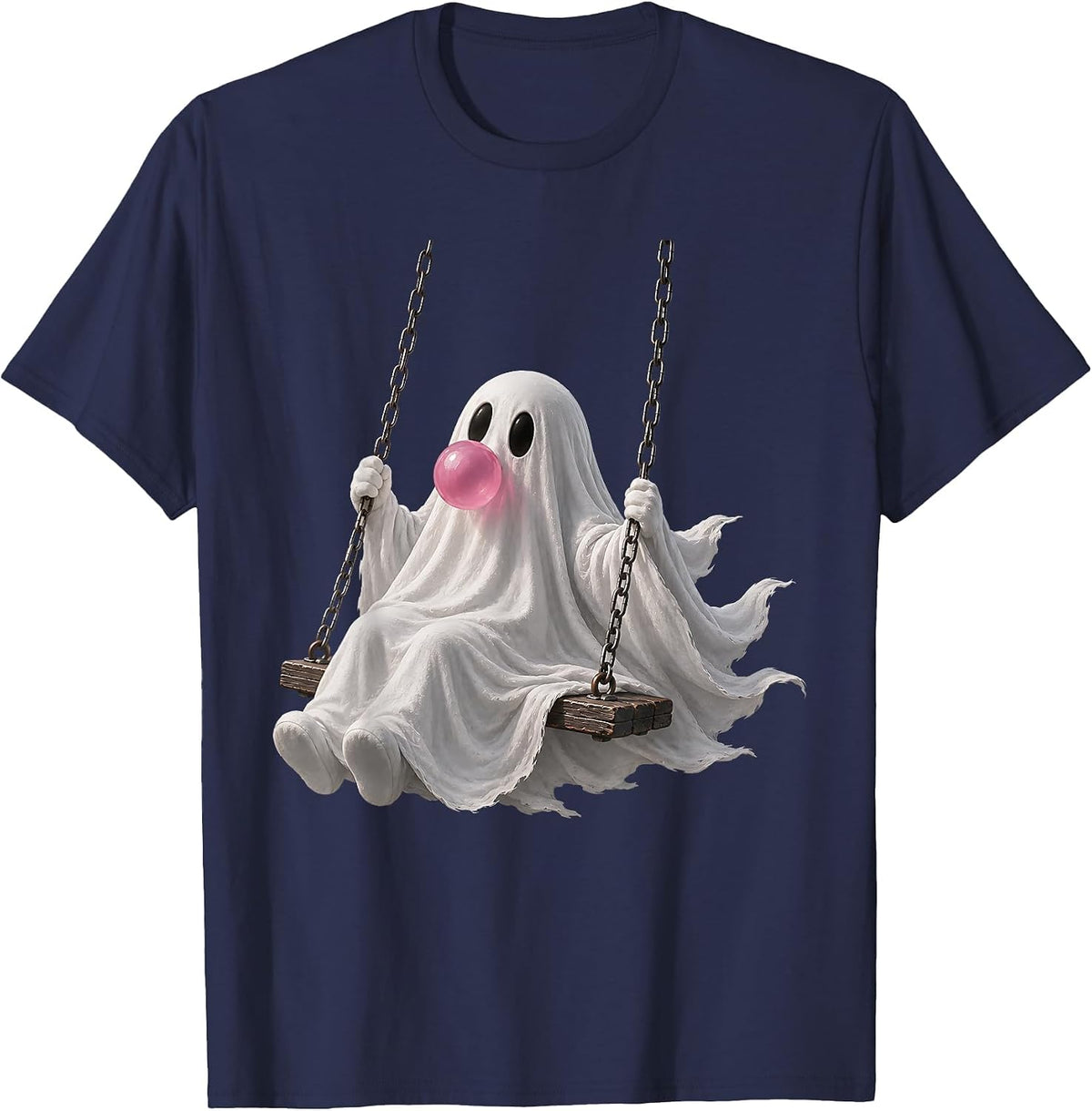 Ghost on Swing Blowing Bubble Gum Spooky Halloween Girly T-Shirt - Navy Blue