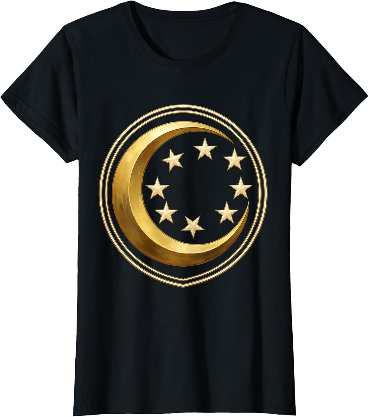Crescent Moon and Seven Stars Celestial Design T-Shirt - Black