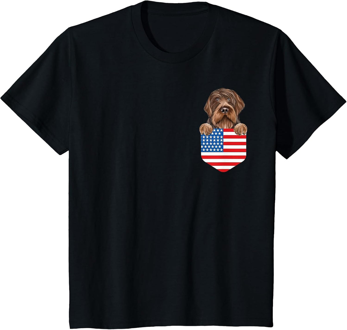 America Flag Wirehaired Pointing Griffon Dog in Pocket T-Shirt - Black