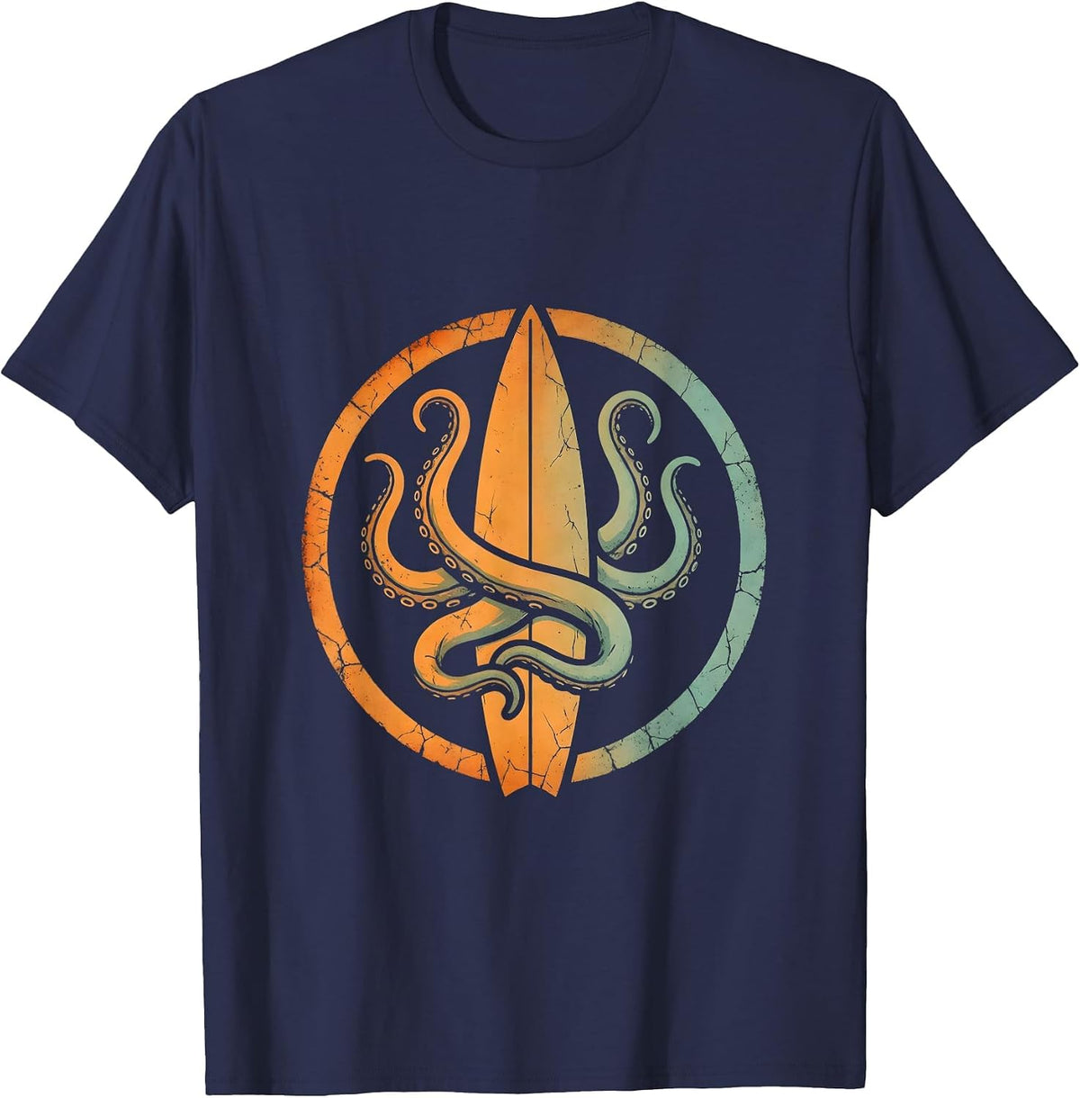 Octopus Surfboard Fin Surf Art Graphic Tee T-Shirt - Navy Blue