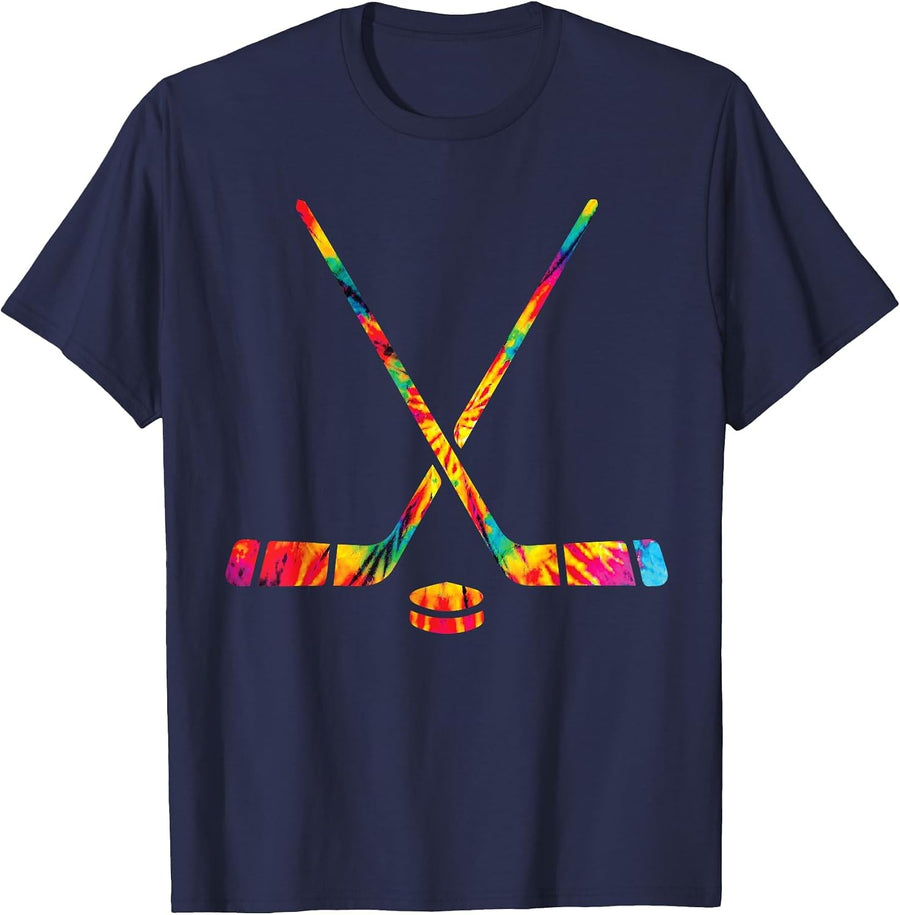Ice Hockey Tie Dye Rainbow Kids Boys Teenage Men Girls Cool T-Shirt - Navy Blue