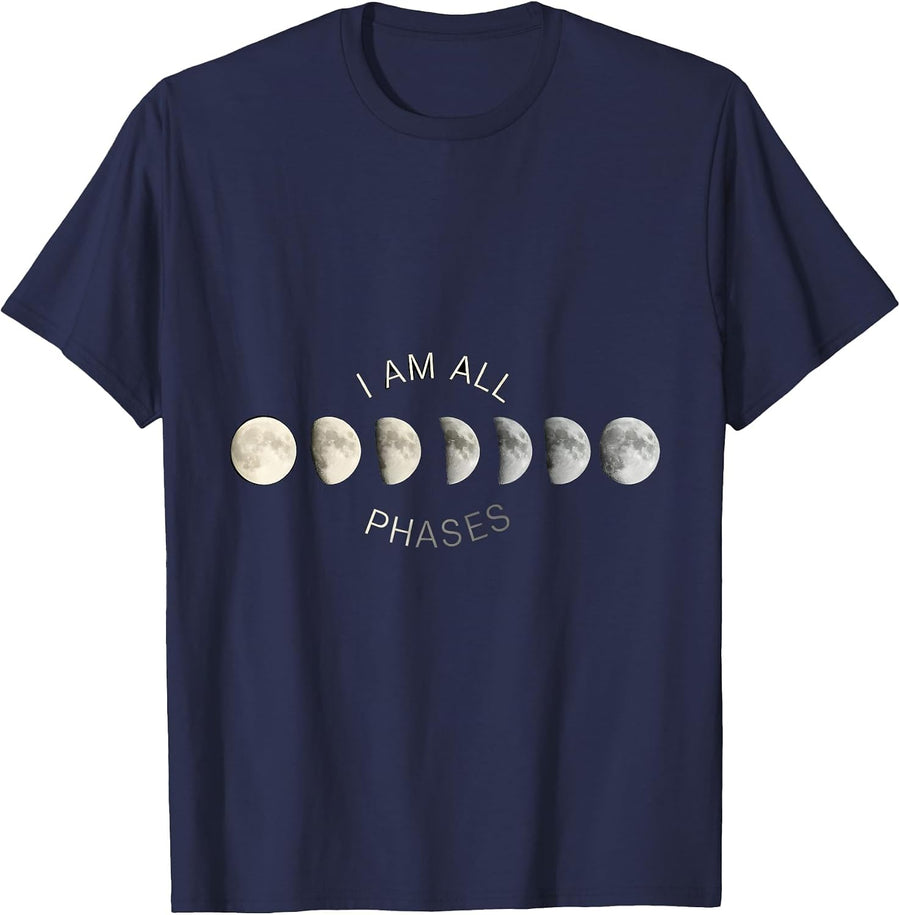I Am All Phases Monochromatic Lunar Cycle Astronomy T-Shirt - Navy Blue
