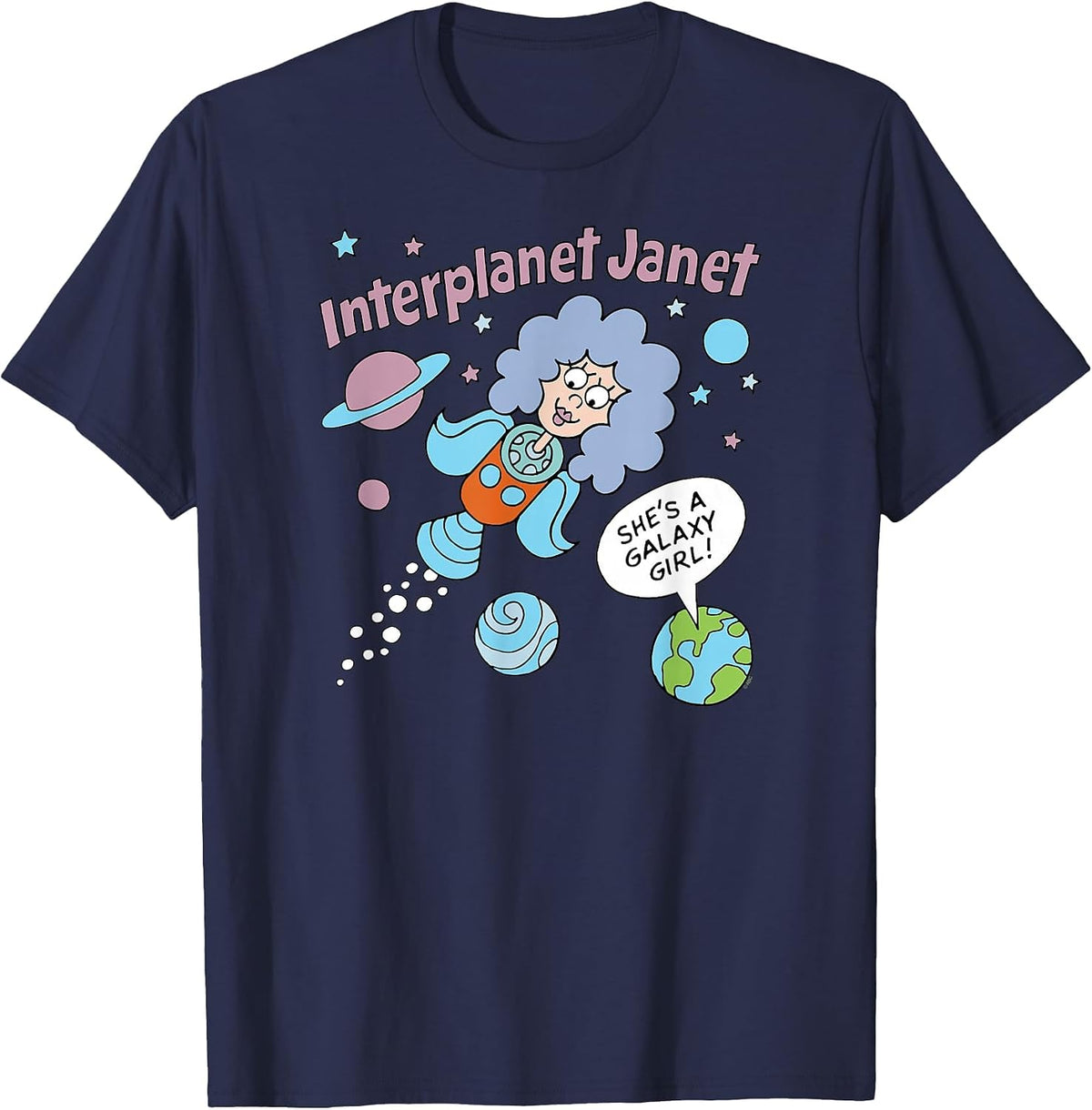 Schoolhouse Rock Interplanet Janet Space Science Retro TV T-Shirt - Navy Blue