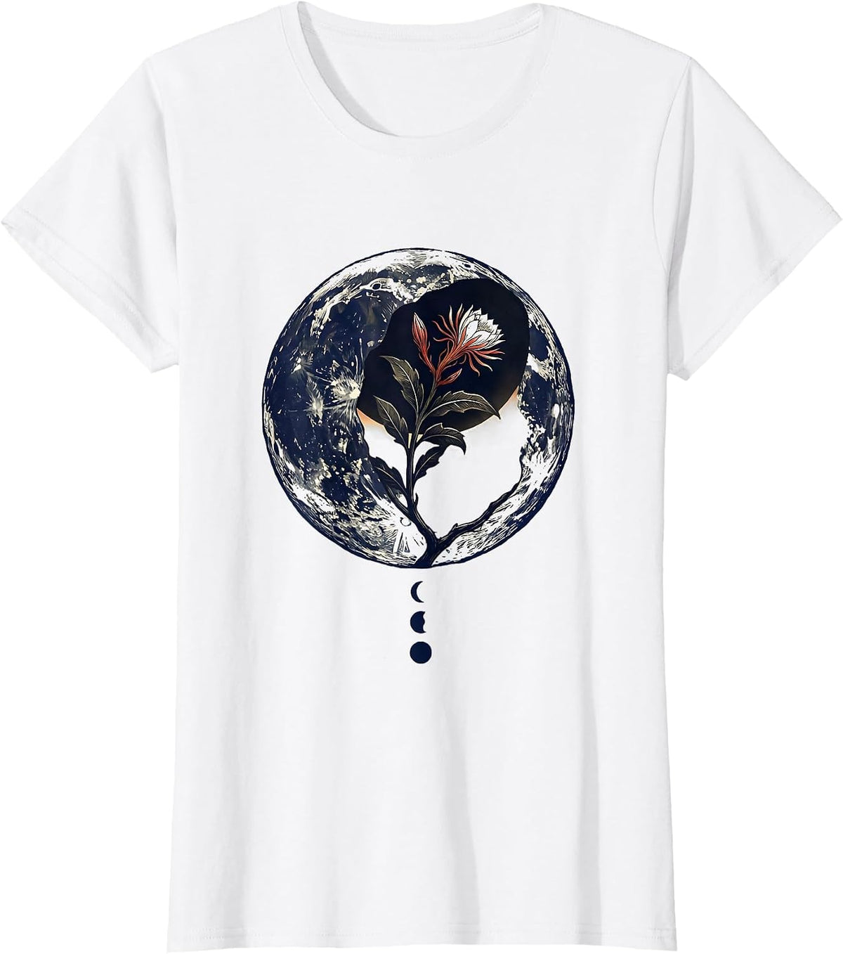 Lunar Crescent Night-Blooming Stem Linocut Boho Celestial T-Shirt - White