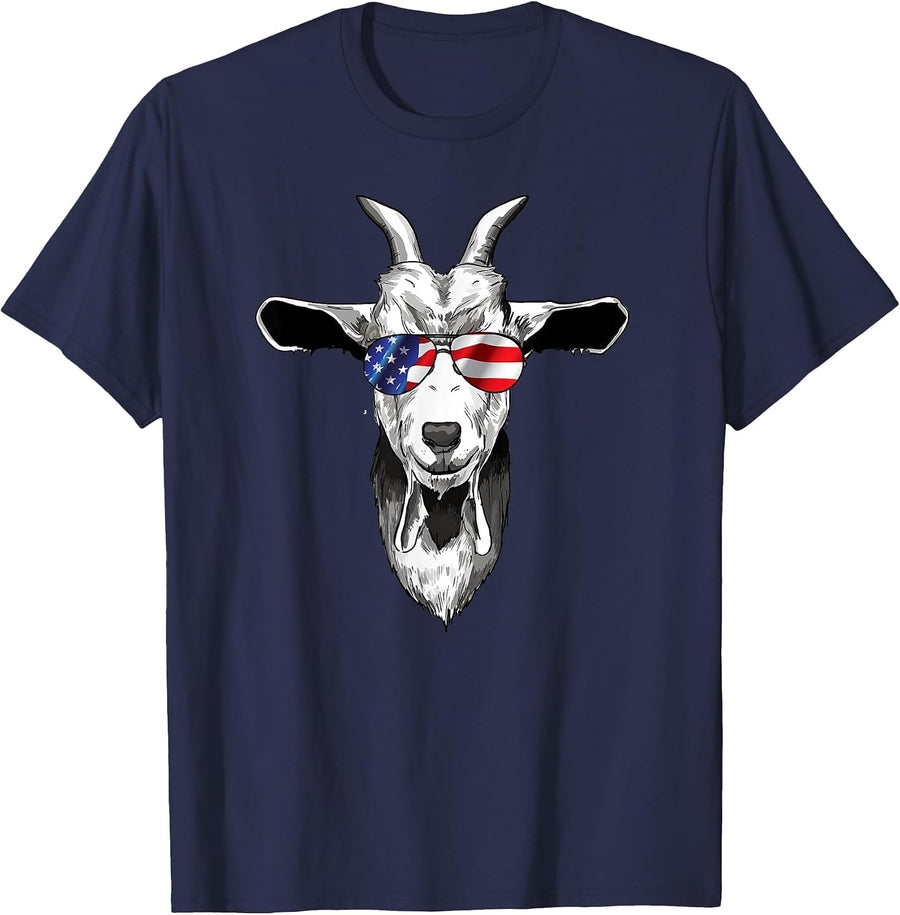 American Goat Cute with USA Sunglasses Patriotic Goat T-Shirt - Navy Blue