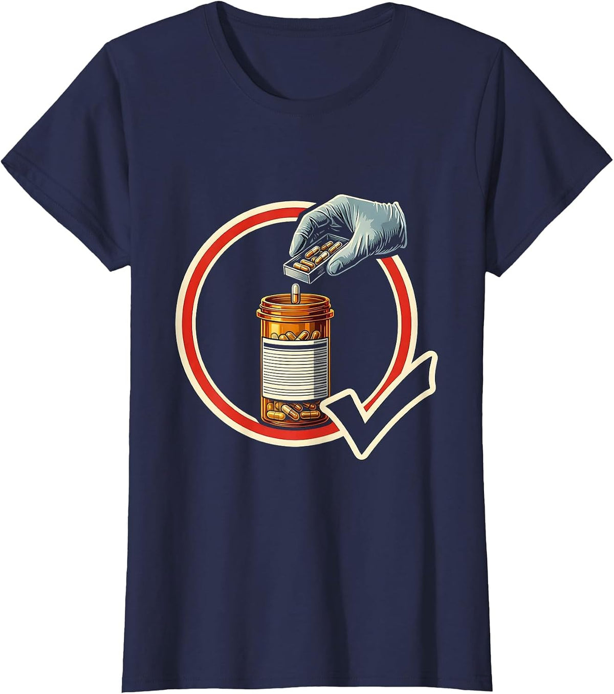 Women's Pharmacy Tech Badge Occupational Humor Crew T-Shirt - Navy Blue