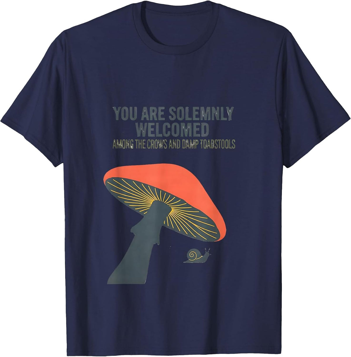 You Are Solemnly Welcomed Crow Mushroom Gothic Whimsy T-Shirt - Navy Blue