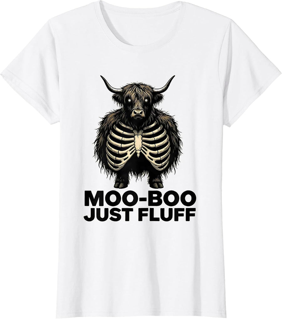 Women's Moo-BOO, Just Fluff Cute Highland Cow Halloween Fall Costume T-Shirt - White