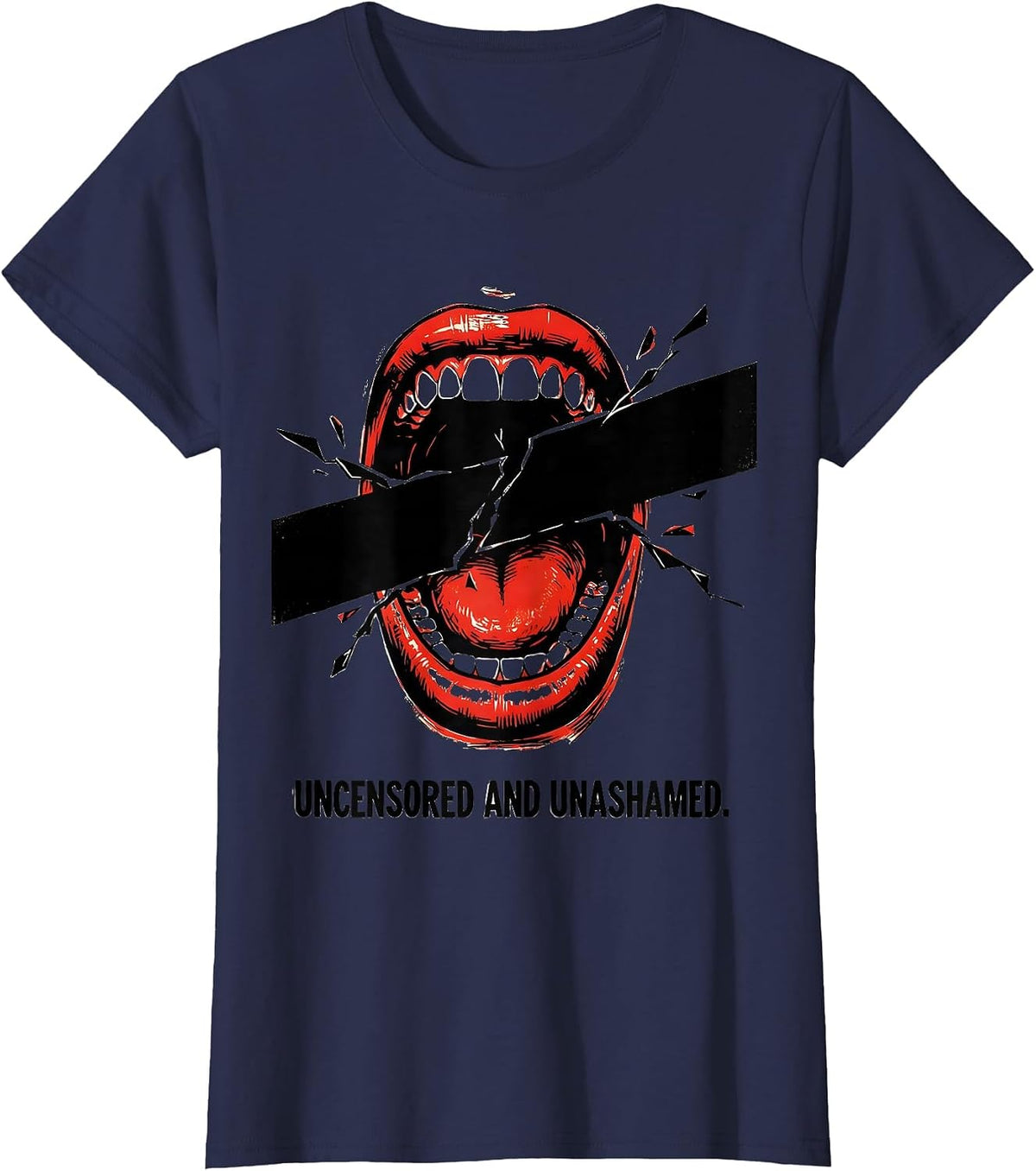 Women's Uncensored and Unashamed Free Speech Design T-Shirt - Navy Blue