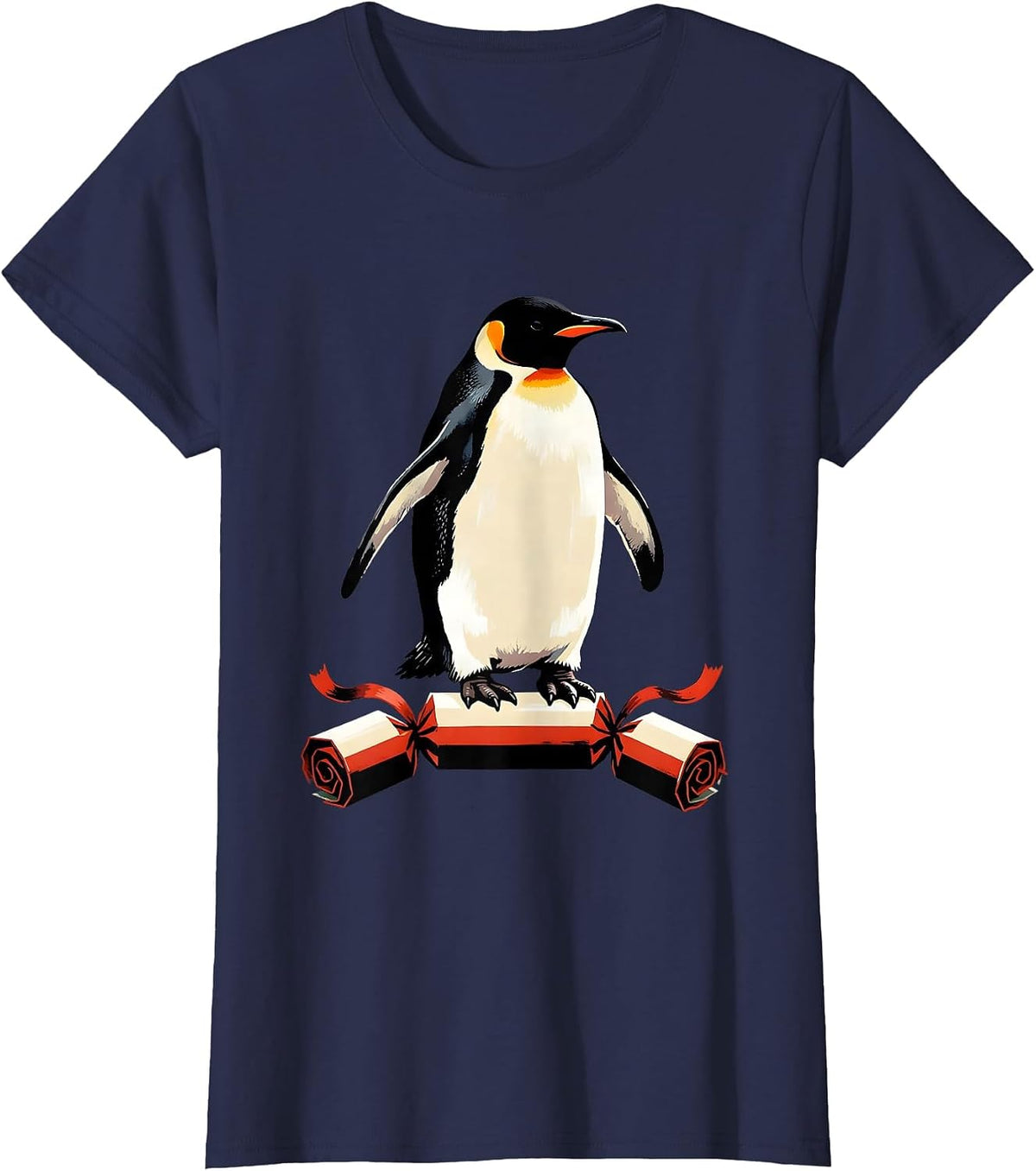 Women's Penguin Bursting From Cracker Funny Christmas Humor T-Shirt - Navy Blue