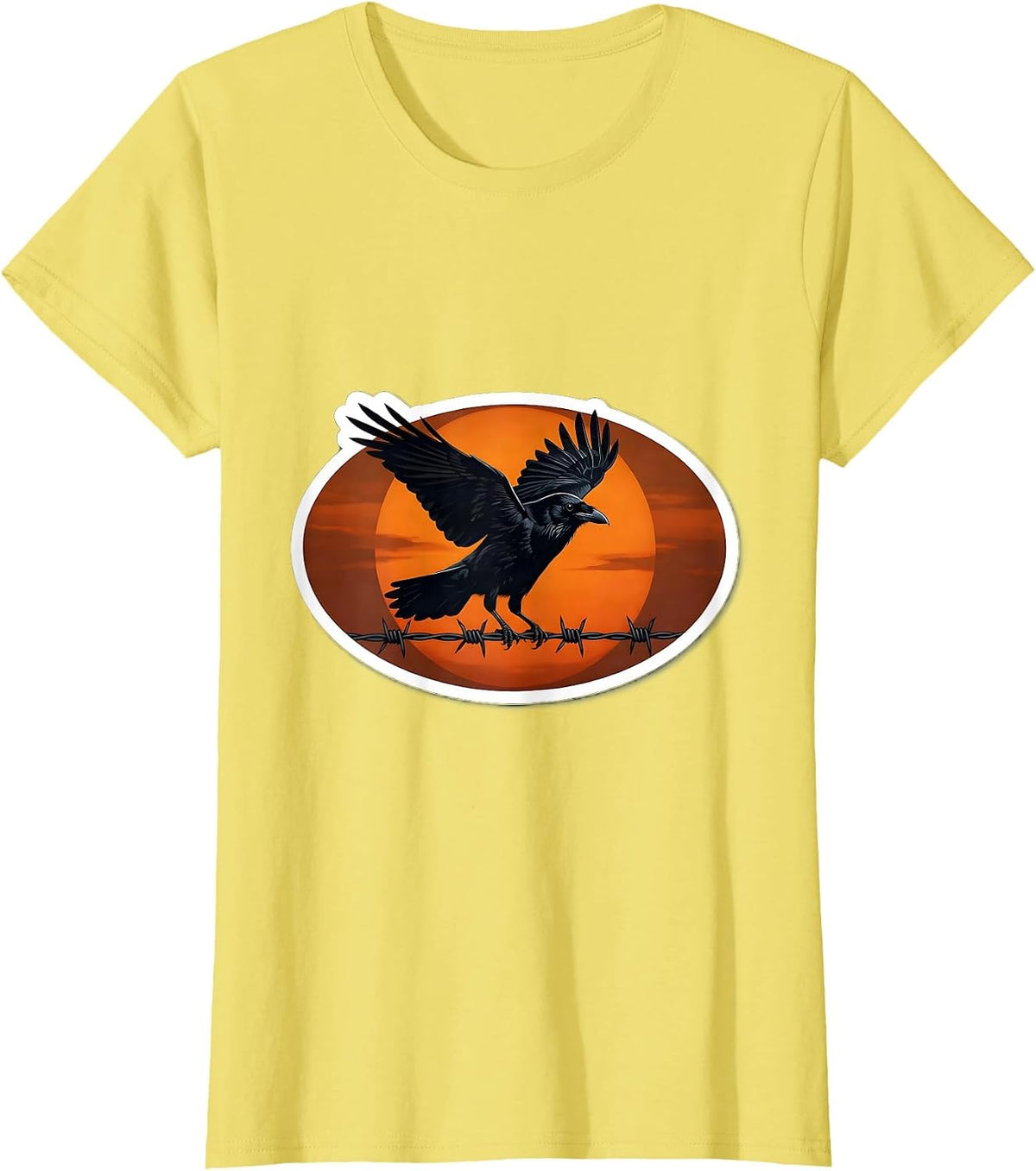 Women's Lone Crow on Barbed Wire Dusk Silhouette T-Shirt - Lemon Yellow