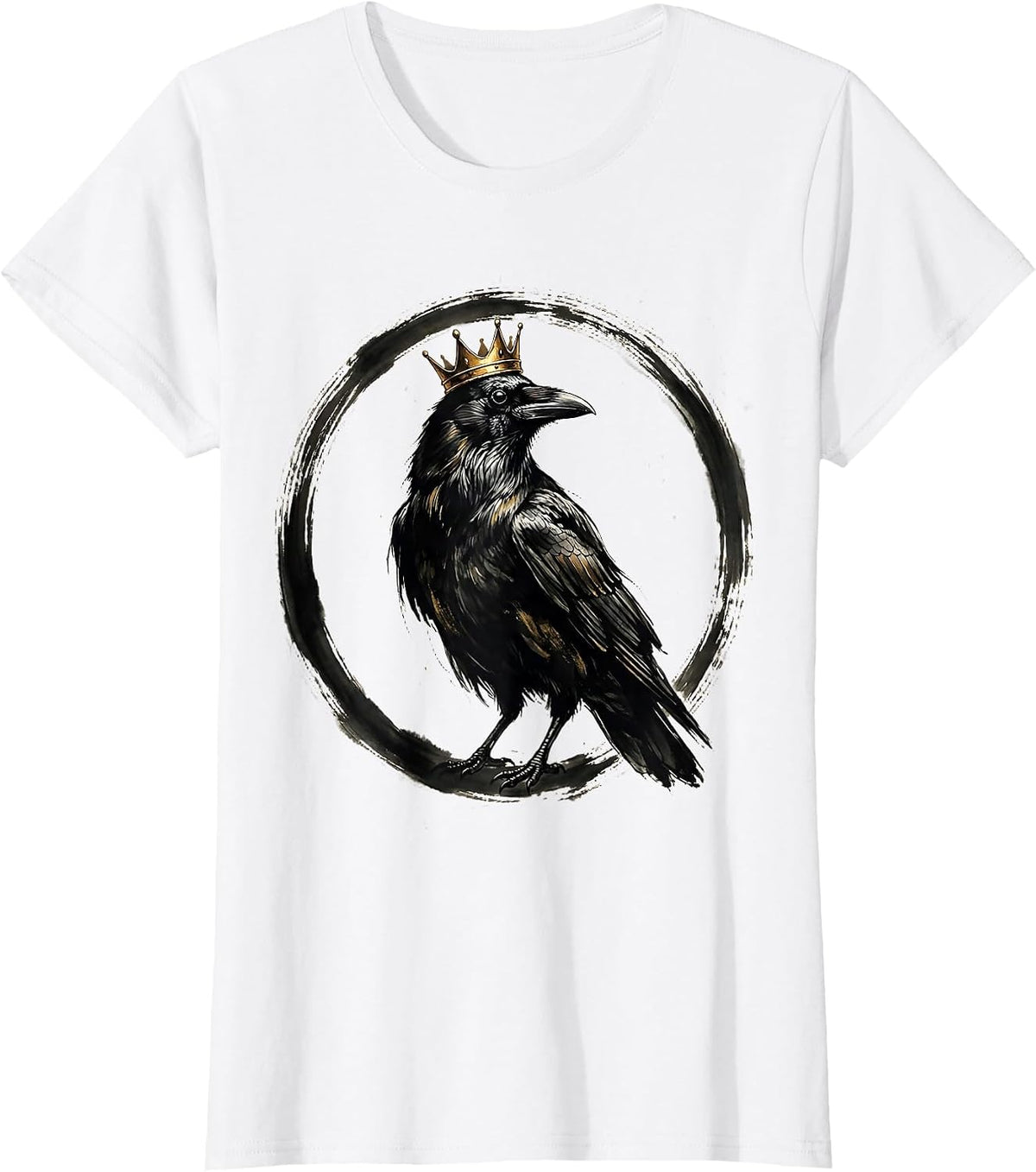 Women's Crow Wearing a Tiny Golden Crown Illustration T-Shirt - White