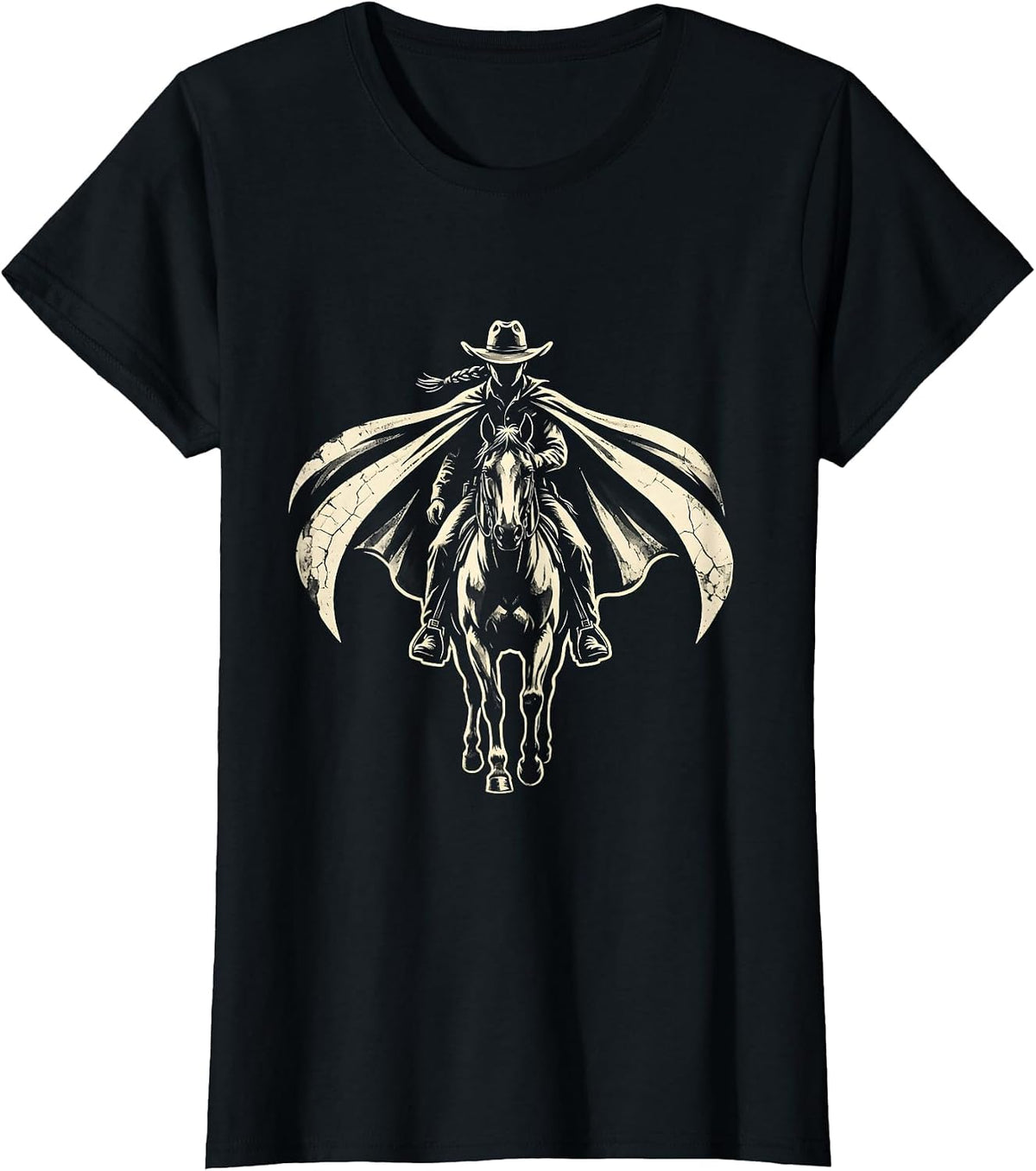 Black Cowgirl Braided Cape Horseback Illustration T-Shirt - Black