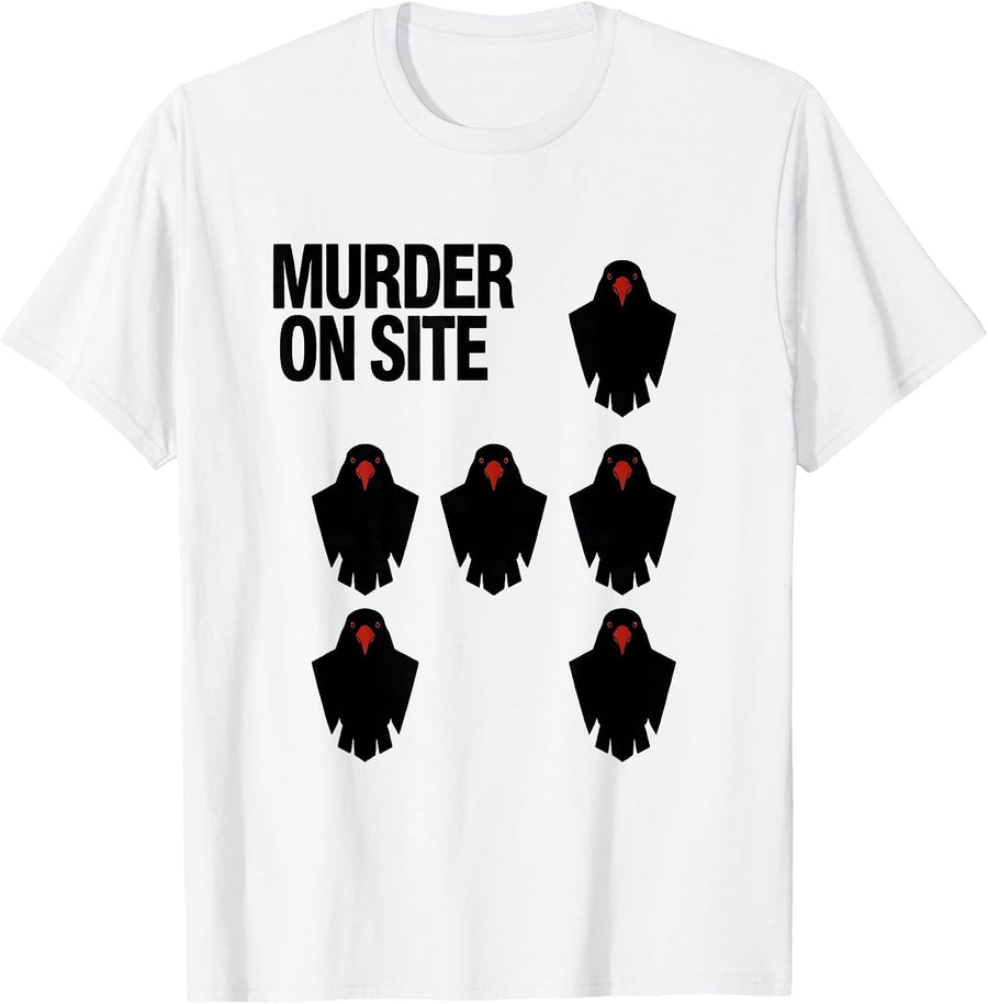 Men's MURDER ON SITE Dark Humor Crow Lover Gothic Bird Pun T-Shirt - White