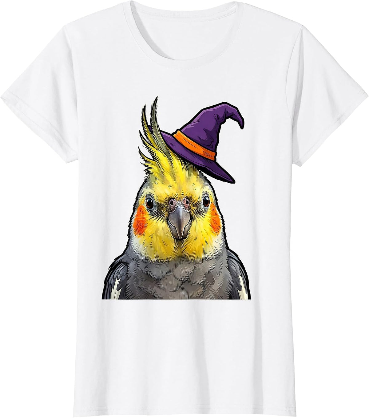 Women's Cartoon Cockatiel Witch Hat Halloween Bird Costume Humor T-Shirt - White